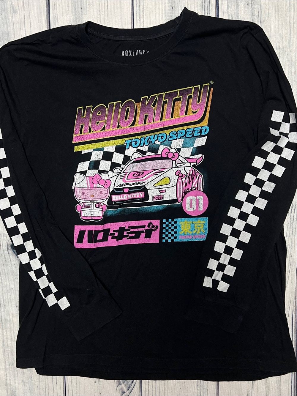 BoxLunch Hello Kitty Black Long-Sleeve Racing Graphic Tee with Pink Accents 2XL